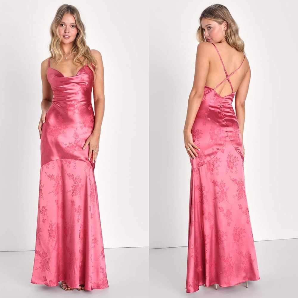 NWT Lulus Sweet Endeavors Rose Pink Satin Jacquard Cowl Neck Maxi Dress Medium